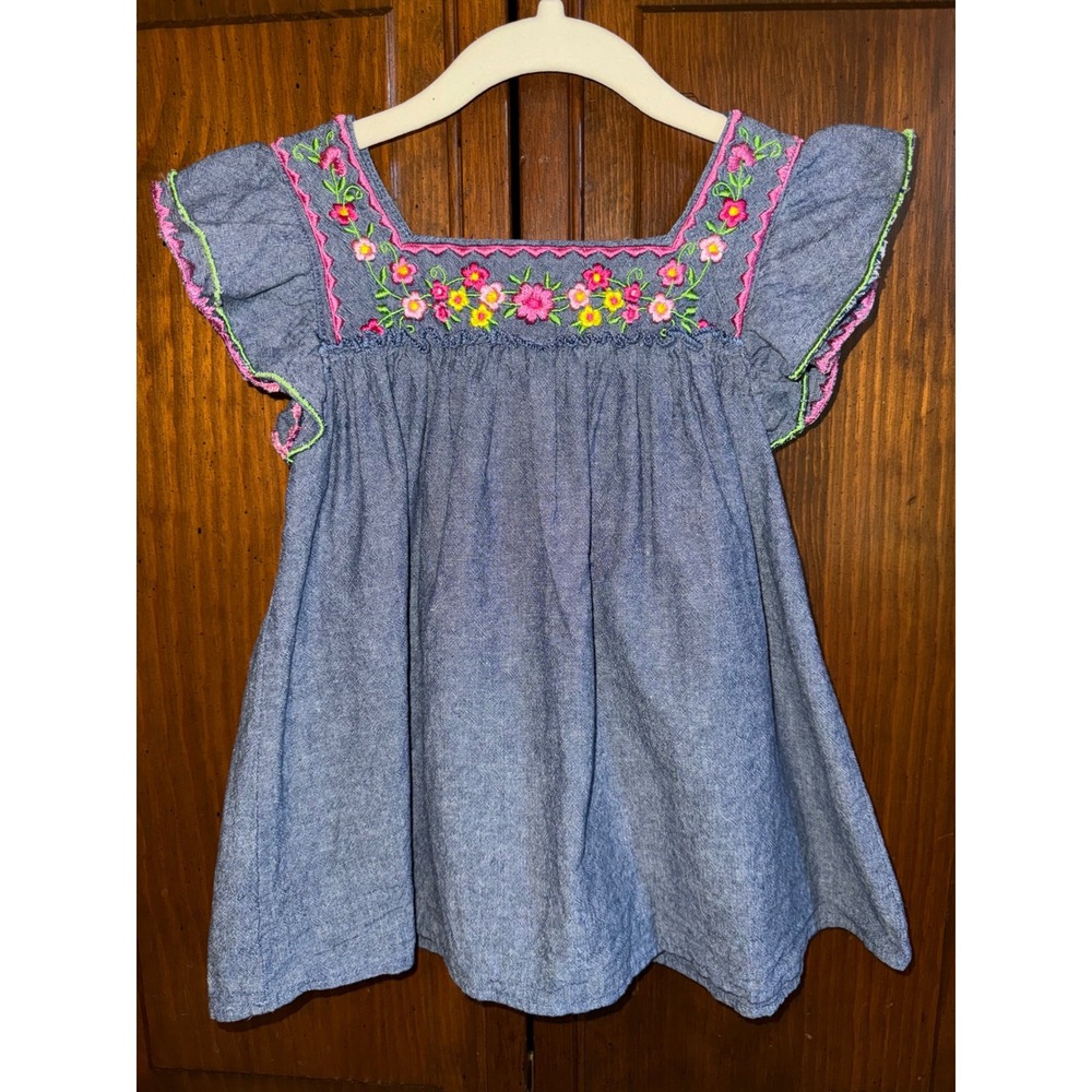 Blueberry Boulevard G- 4T Blue Chambray Floral Embroidered Flutter Sleeve Tunic